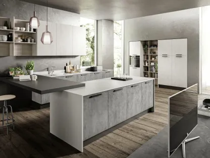 Cucina Moderna Marilyn 03 con finitura effetto malta Beton e top in Fenix Grigio Efeso con penisola in Fenix Nero di Ciao Cucine