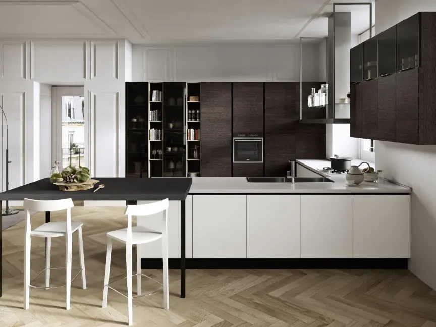 Cucina Moderna angolare Melania 03 in laccato Bianco opaco e LPL Rovere Cuoio di Ciao Cucine