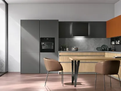 Cucina Moderna angolare con penisola Metropolis v13 in Termo Strutturato Rovere Sole, Pet Canna di Fucile opaco e laccato Lavaredo di Stosa