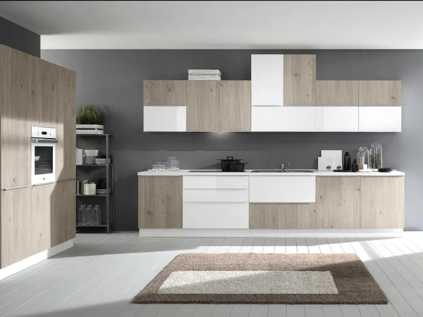 Cucina Moderna Mia 04 Rovere Grigio e Bianco Lucido di Net Cucine