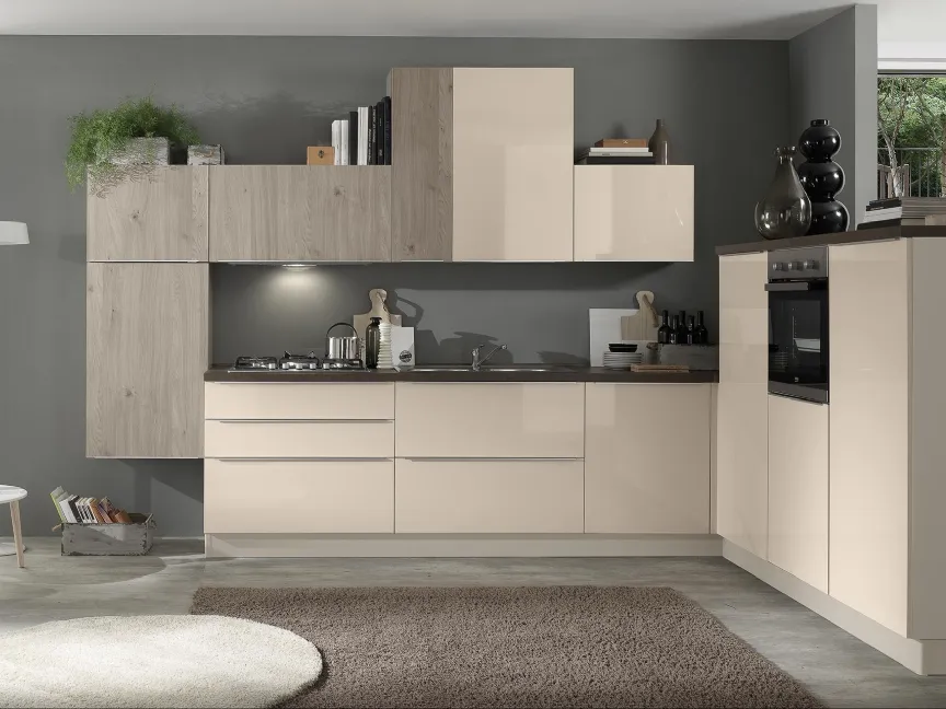 Cucina Moderna Mia Sabbia Lucido e Rovere Grigio di Net Cucine