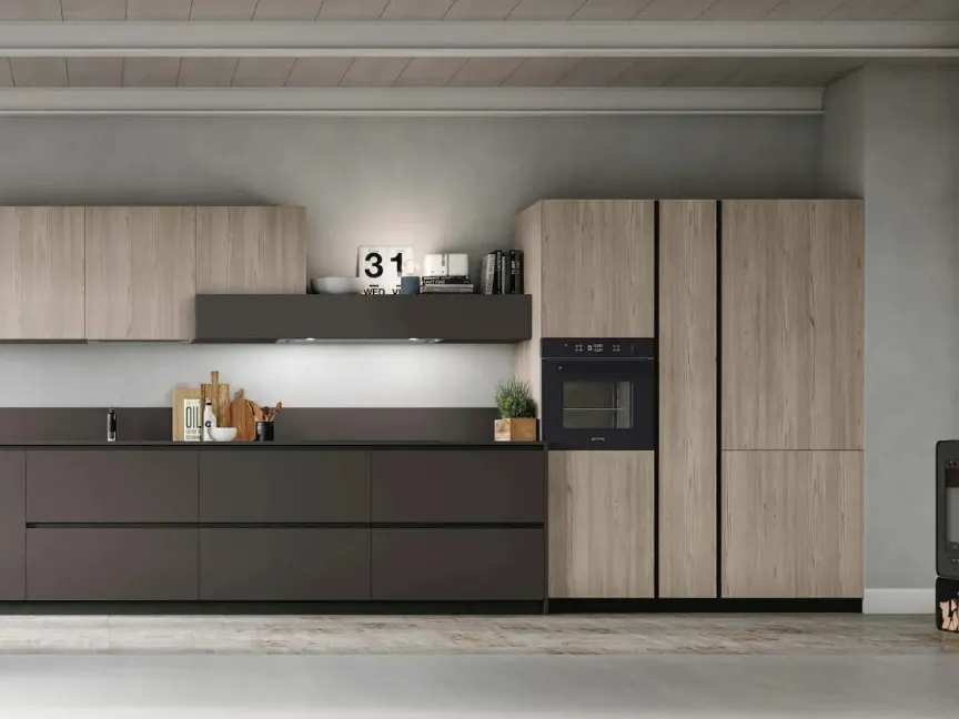 Cucina Moderna lineare Metropolis v08 in Fenix Cacao e Larice Sabbia di Stosa