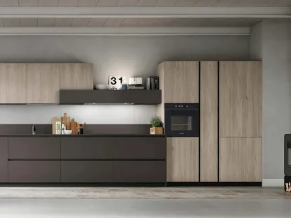 Cucina Moderna lineare Metropolis v08 in Fenix Cacao e Larice Sabbia di Stosa