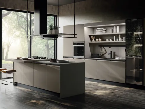 Cucina Moderna con isola Murano DM0754 in laccato Tortora opaco e Rovere gessato di Imab