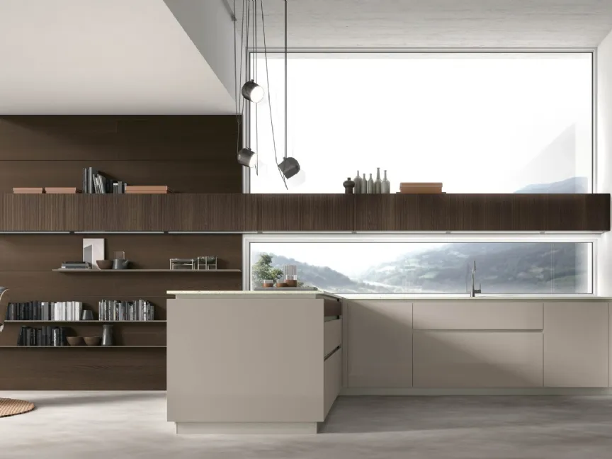 Cucina Moderna con penisola Natural v02 in laccato lucido e Rovere termocotto di Stosa