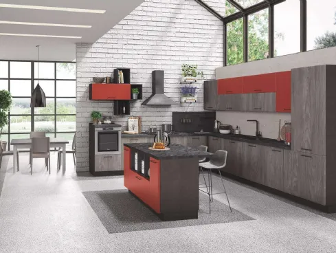 Cucina Moderna Cloe Rovere Smoky e Rosso Cocktail di Net Cucine