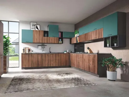 Cucina Moderna Cloe 02 Rovere Tabacco e Verde Laguna Opaco di Net Cucine