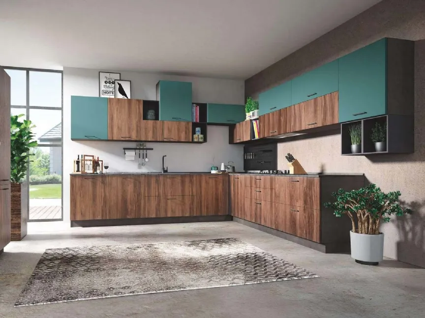 Cucina Moderna Cloe 02 Rovere Tabacco e Verde Laguna Opaco di Net Cucine