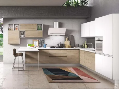 Cucina Moderna Kelly 02 Rovere Caldo e Bianco Polare Opaco di Net Cucine