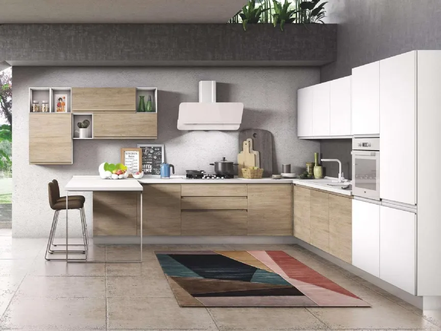 Cucina Moderna Kelly 02 Rovere Caldo e Bianco Polare Opaco di Net Cucine