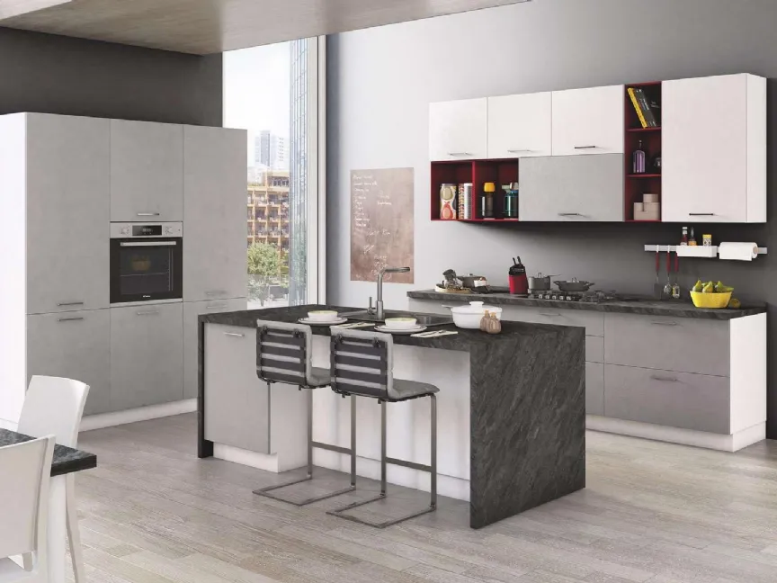 Cucina Moderna New Smart 06 Cemento Grigio e Bianco di Net Cucine
