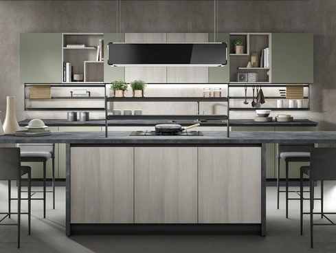 Cucina Moderna con isola Nevada finitura larice grigio e verde oliva opaco di Mobilturi