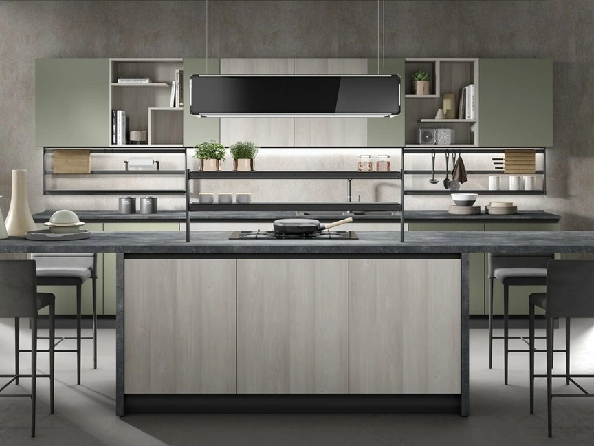 Cucina Moderna con isola Nevada finitura larice grigio e verde oliva opaco di Mobilturi