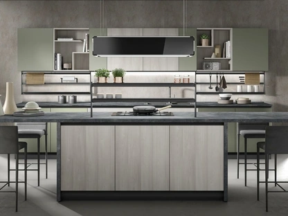 Cucina Moderna con isola Nevada finitura larice grigio e verde oliva opaco di Mobilturi