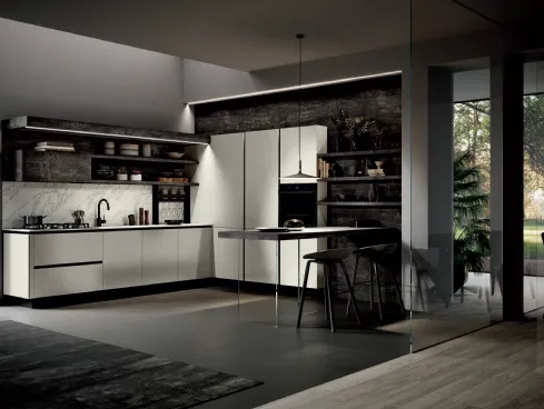 Cucina Moderna lineare Piana DM 0750 in melaminico spatolato Bianco e laminato Legno bruciato di Imab