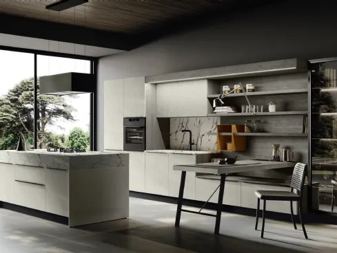 Cucina Moderna con isola Piana DM0743 in melaminico spatolato Bianco e laminato Rovere Grigio con top in HPL Calacatta di Imab