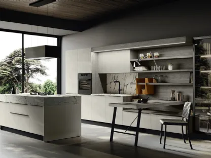 Cucina Moderna con isola Piana DM0743 in melaminico spatolato Bianco e laminato Rovere Grigio con top in HPL Calacatta di Imab