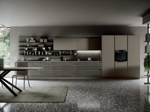 Cucina Moderna lineare Piana Tropea DM0753 in melaminico Rovere grigio, laccato Tortora opaco e top in laminato Graniglia chiara di Imab