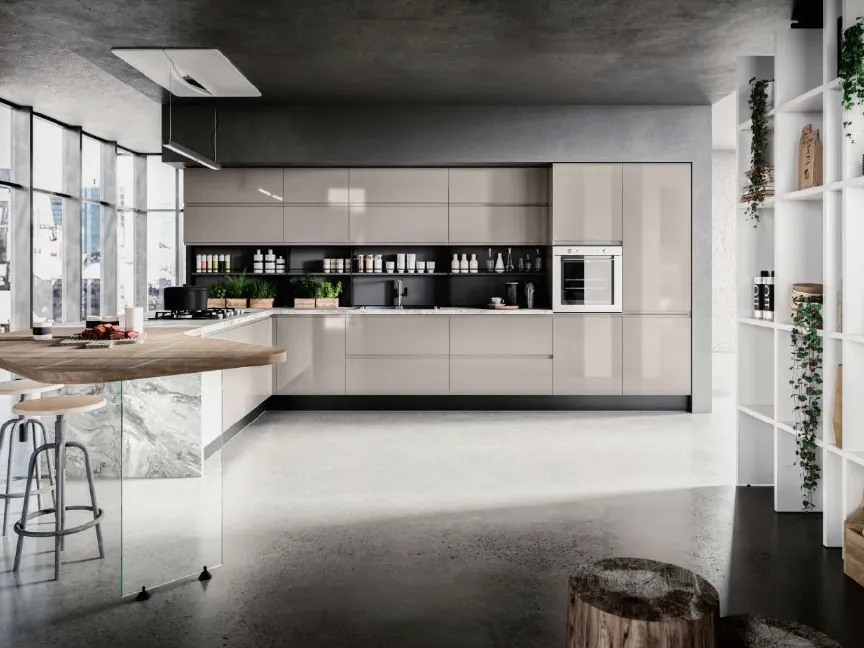 Cucina Moderna in laccato lucido Tortora con top in laminato Palladio e penisola in LPL Rovere Bruges Sibilla 02 di Ciao Cucine