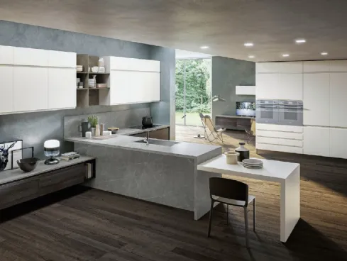 Cucina Moderna angolare Sibilla 03 in Frassino Moka Decapé, Zaha Stone e Pet laccato opaco di Ciao Cucine