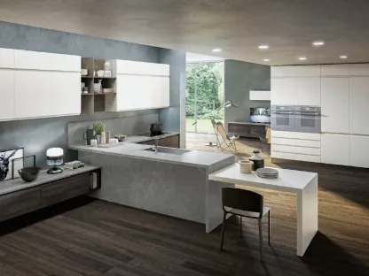 Cucina Moderna angolare Sibilla 03 in Frassino Moka Decapé, Zaha Stone e Pet laccato opaco di Ciao Cucine