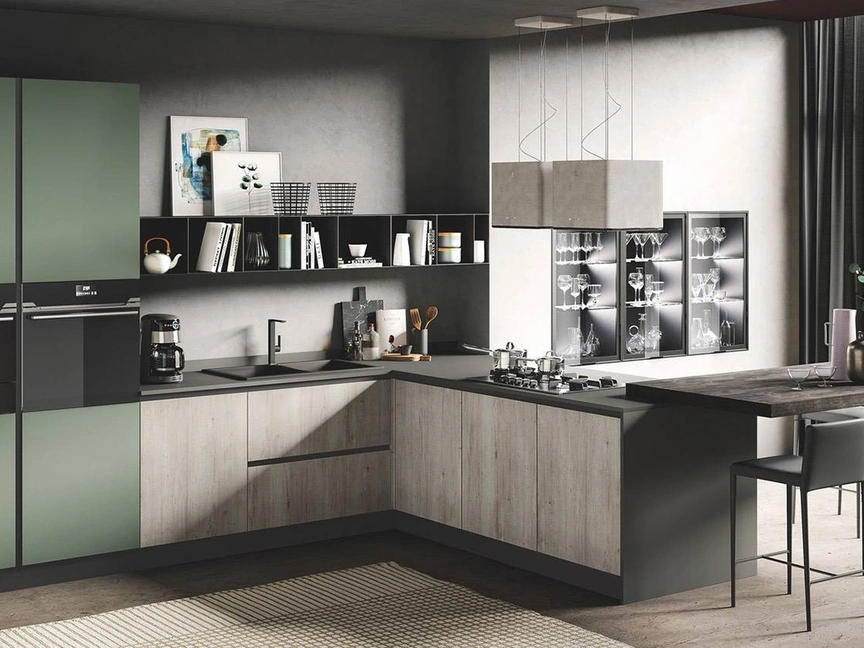 Cucina Moderna con penisola Star corda tavolato e verde muschio di Mobilturi
