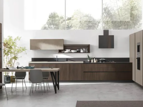 Cucina Moderna ad angolo Infinity v01 in Termo Strutturato Rovere Cumino e Graniglia di Stosa