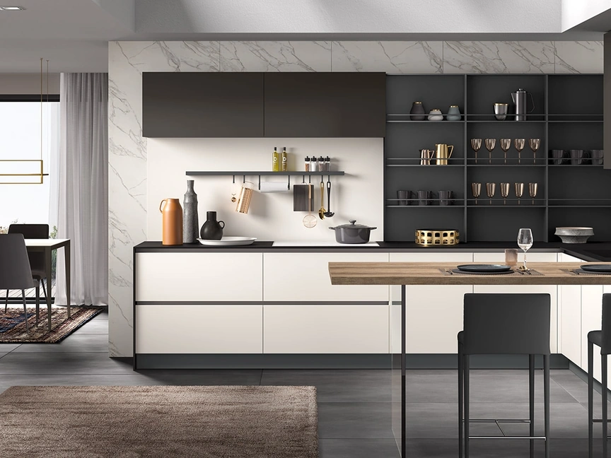 Cucina Moderna con penisola Stratos in gres pure white e glass piombo di Mobilturi