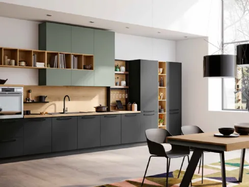 Cucina lineare Moderna in laccato Nero e Verde opaco con top in Rovere decapato Tropea DM0682 di Imab